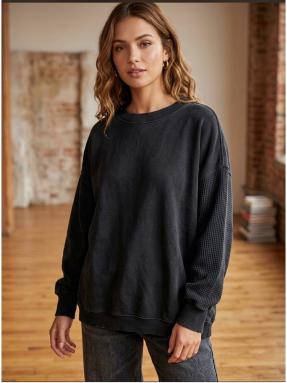 Women's Aerie Black Waffle Knit Sweatshirt Size S